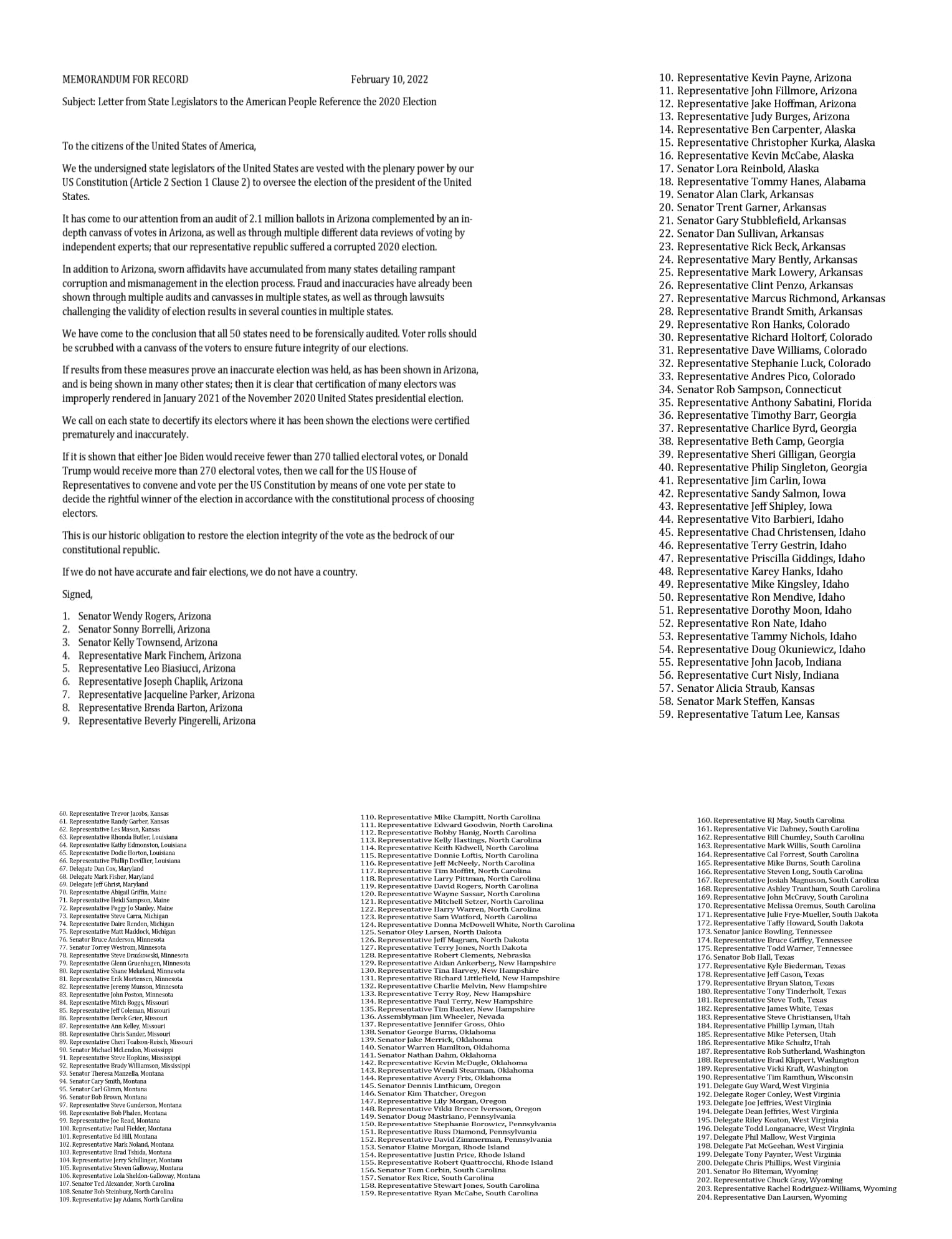 204 legislatures signed memorandum.